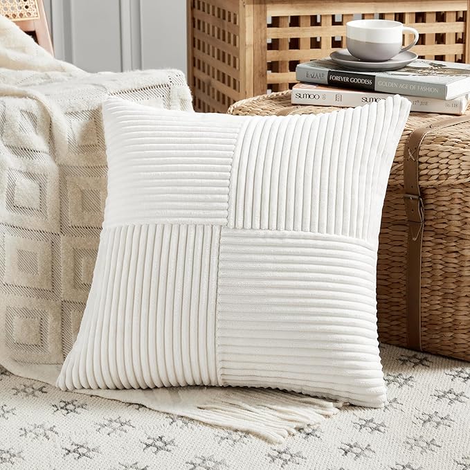 Fancy Homi 2 Packs Cream White Big Decorative Throw Pillow Covers 24x24 Inch for Living Room Couch Bed, Farmhouse Boho Home Decor, Soft Corss Corduroy Patchwork Accent Square Cushion Case 60x60 cm