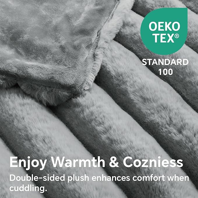 BEDELITE Faux Fur Throw Blanket for Couch, Soft and Cozy Luxurious 3D Striped Fluffy Blanket, 770GSM Thick Warm Plush Fuzzy Faux Rabbit Fur Blanket for Women Gift (Crey, 60"x 80")