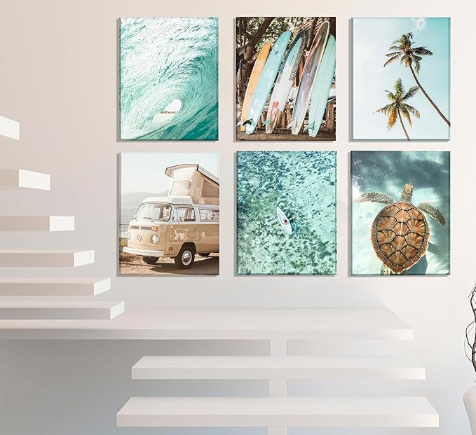 Set of 6 Tropical Beach Canvas Wall Art Surf Poster Summer Ocean Coastal Pictures Turtle Print Palm Tree Surfboard Gallery Paintings Nautical Bus Wall Decor for Bedroom Bathroom Framed
