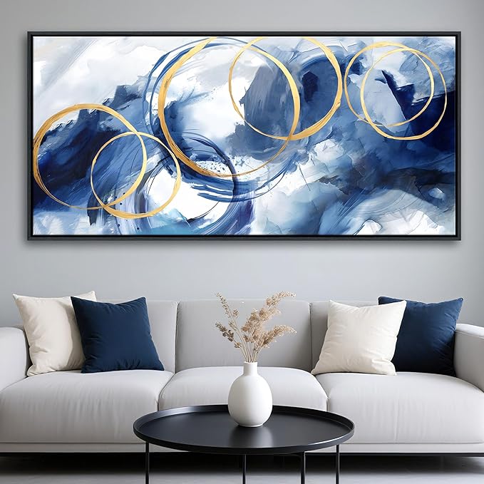 Framed Abstract Wall Art Blue Modern Art Wall Decor Artwork For Living Room Huge Wall Canvas Office Pictures For Navy Gold Modern Decorations For Bedroom Size 24x48in