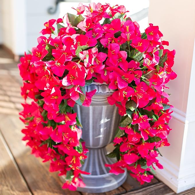 Faux Bougainvillea Artificial Flowers Plants for Outdoors Outside Decoration, 2 PCS Fake Flowers Silk Long Trailing Vines UV Resistant Realistic for Front Door Porch Planter Urn Patio Balcony Hot Pink