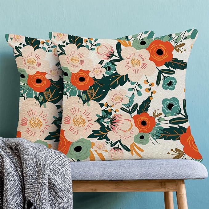 CXMEIFLY Spring Pillow Covers 18 x 18 Inch Set of 2 for Watercolor Flowers Decor Throw Pillows Pink Red Green Plant Floral Outdoor Decorative Cushion Cases for Couch Bed Decorations