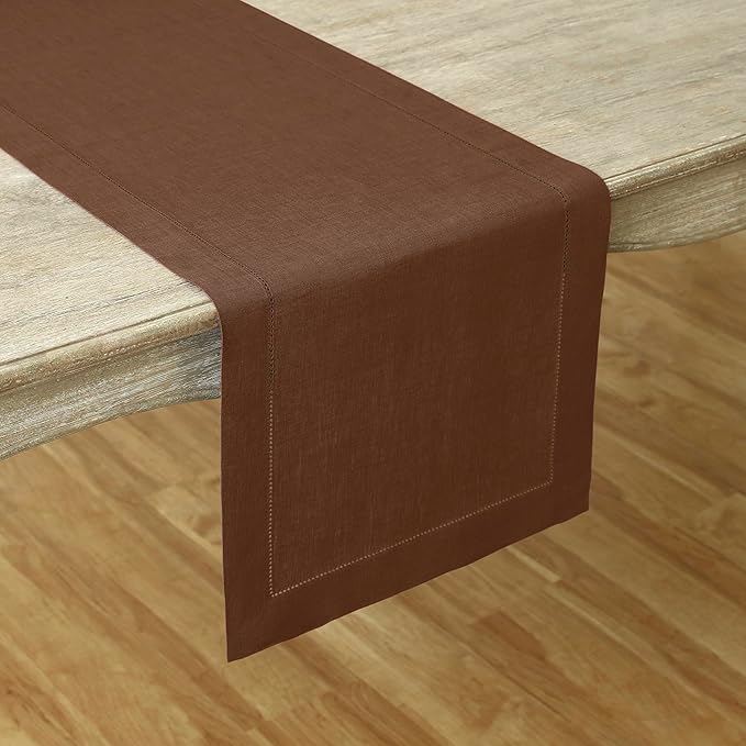 Solino Home Linen Brown Table Runner 120 Inches Long - 100% Pure Linen Hemstitch 14 x 120 Inch Table Runner for Dining, Fall, Autumn, Thanksgiving - Classic Hemstitch