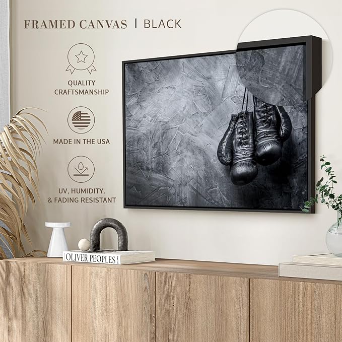 ElephantStock Boxing Gloves Wall Art - Horizontal Framed Canvas - 1-Piece Living Room Wall Decor - Photography Sports Canvas Print - Black and Gray Decor for Wall - 40" X 27"