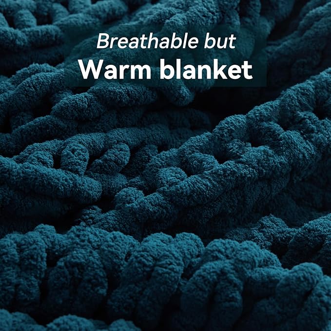 Chunky Knit Throw Blanket, 40''*50'' Knitted Throw Chenille Yarn for Bed Couch, Handmade Peacock Blue Crochet Big Thick Blanket, Machine Washable Cute Comfy Blanket for Home Decor