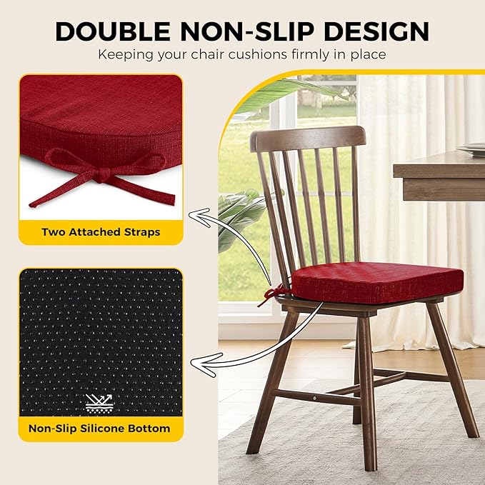 downluxe Indoor Chair Cushions for Dining Chairs, Soft and Comfortable Textured Foam Kitchen Chair Pads with Ties and Non-Slip Backing, 16" x 16" x 2", Red, 6 Pack