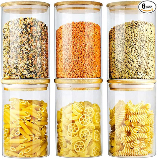 Glass Jars with Bamboo Lids (27oz in 6 Pack), Glass Food Jars and Canisters Sets, Food Storage Container with Airtight Lids, Food Pantry Jars,