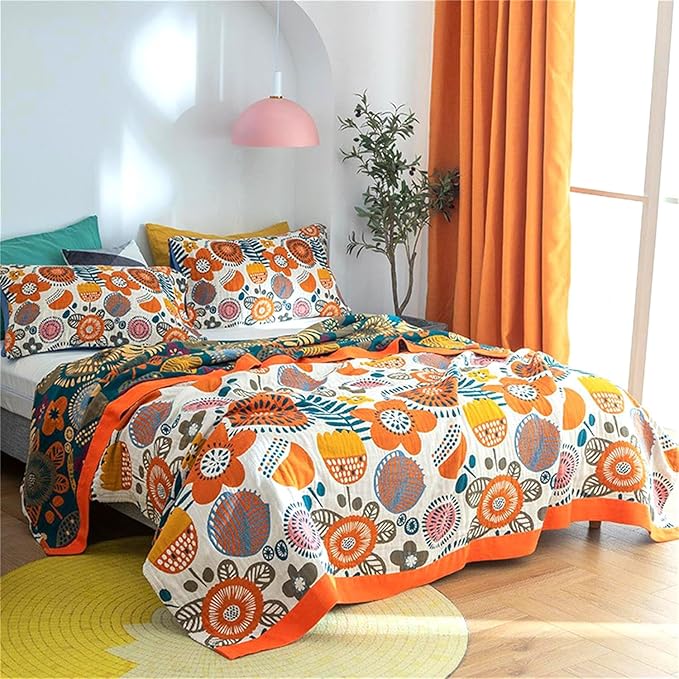 Boho Throw Blanket 60''x80'' for Bed Couch, Floral Muslin Bed Blankets Boho Quilt Travel Mexican 100% Cotton Super Soft Summer Blanket Picnic Blankets
