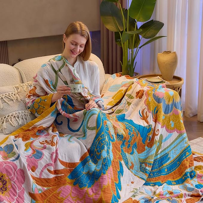 Boho Throw Blanket, Lightweight Blankets for Summer, 100% Cotton Bohemian Decorative Throw Blanket, 50"x60" Reversible Muslin Breathable Woven Farmhouse Blankets Quilt,