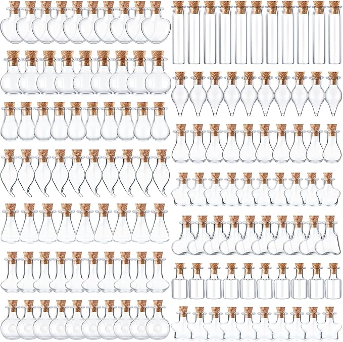 140 Pcs Mini Glass Bottles with Cork Stoppers Tiny Wishing Potion Bottles, 14 Shapes, Small Spell Apothecary Jar Vials Witchcraft Drifting Jar for Wedding Halloween Party Arts DIY Crafts