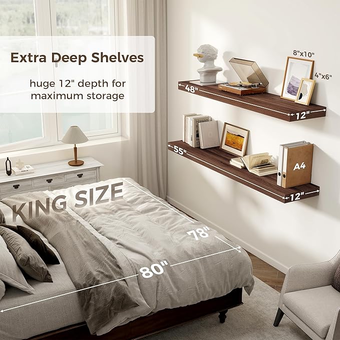 Floating Shelves 55 Inch Long, 12 Inch Deep Floating Shelves for Wall, Rustic Deep Wall Shelf for Fireplace Mantel, 55 x 12 Large Display Shelf for Living Room, Bedroom, Kitchen, Walnut Color, 1 Pack