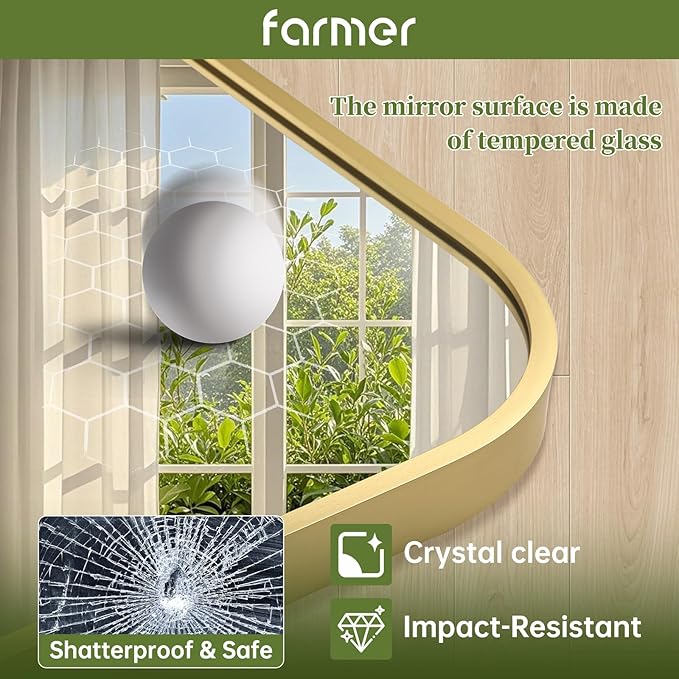 FARMER 20x28 Inch Gold Bathroom Mirror, Rectangle Vanity Mirror, Brushed Mirrors for Wall, Metal Frame Hanging Mirror with Round Corner for Bedrooms, Entryways, Living Rooms, Horizontal/Vertical