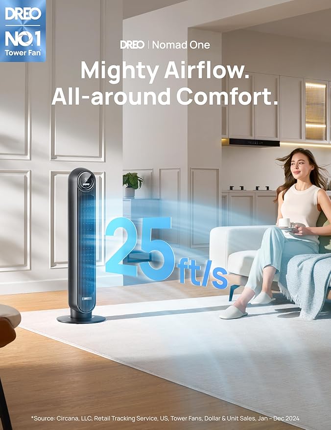 Dreo Tower Fan for Bedroom, 25ft/s Velocity Quiet Floor Fan, 90° Oscillating Fans for Indoors with 4 Speeds, 4 Modes, 8H Timer, Standing Fans, Bladeless Fan, Black, Nomad One (DR-HTF007)