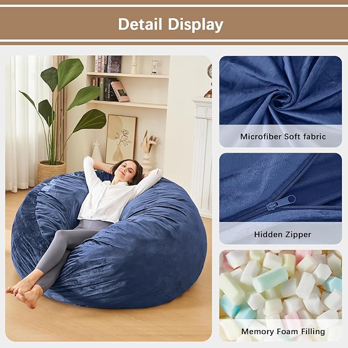 Bean Bag Chairs for Adults - Memory Foam Furniture BeanBag Chair - Kids/Teens Sofa with Soft Micro Fiber Cover - Round Fluffy Couch for Living Room Bedroom College Dorm - 4 ft, Navy