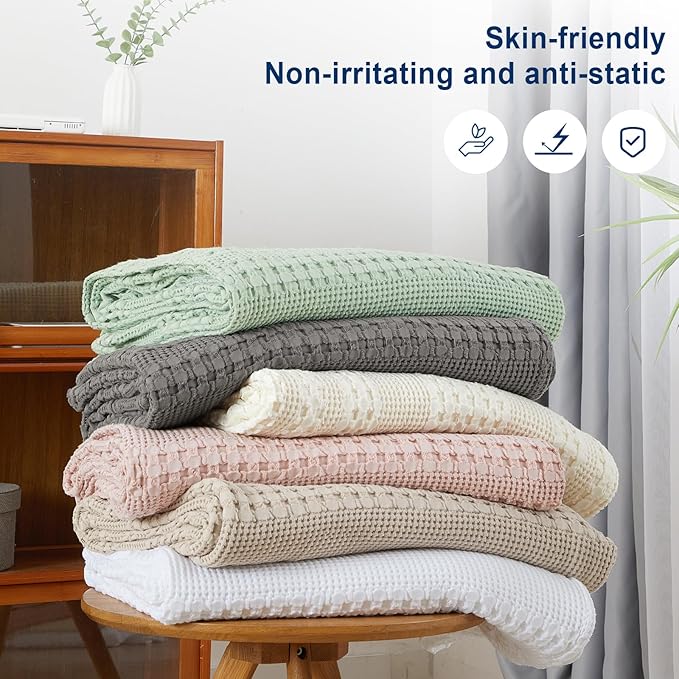 PHF 100% Cotton Waffle Weave Blanket Queen Size, Soft Lightweight Breathable Cozy Summer Blankets for Bed, Luxury Aesthetic Woven Bedding for Home Decor, 90"x90", Cannoli Cream