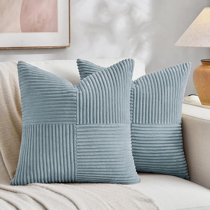 Fancy Homi Set of 2 Light Blue Euro Decorative Throw Pillow Covers 26x26 Inch for Bedroom Couch Bed, Farmhouse Boho Home Decor, Soft Cross Corduroy Patchwork Textured Square Cushion Case 66x66 cm