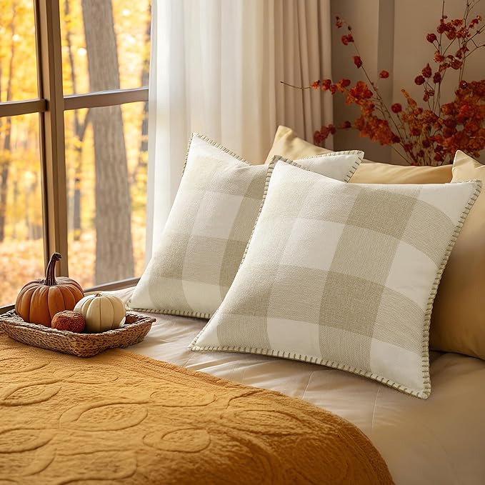 decorUhome Buffalo Plaid Check Fall Throw Pillow Covers 24x24 Set of 2, Outdoor Decorative Farmhouse Pillow Covers with Stitched Edge for Bed Couch Sofa, Cream White and Beige