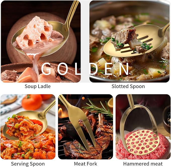 304 Stainlss Steel Matte Kitchen Utensils Set, 12 Pcs Long Metal Cooking Utensil Gadgets Tools Set with Spatula, Ladle, Spoon, Ladle, Skimmer, Tunner, Pasta Server, Tongs(Gold, Dishwasher Safe)