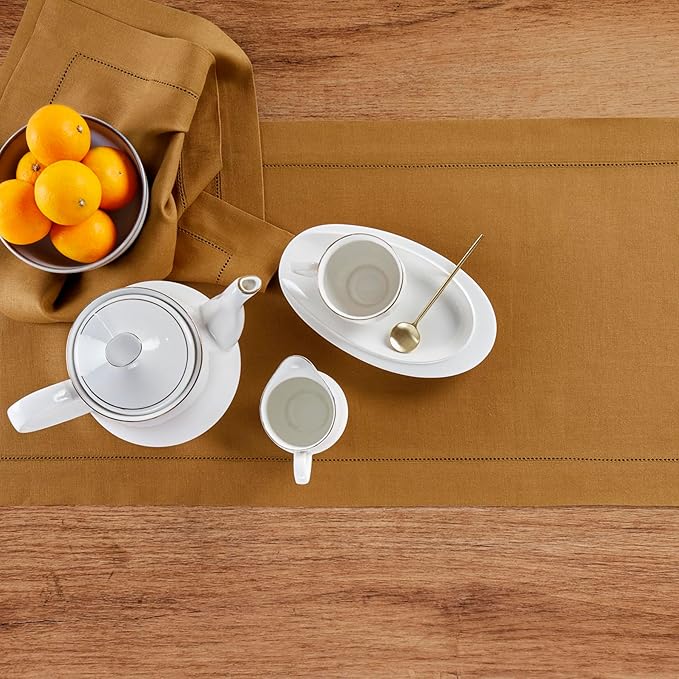 Solino Home Linen Brown Sugar Table Runner 120 Inches Long - 100% Pure Linen 14 x 120 Inch Table Runner for Fall, Autumn, Thanksgiving - Classic Hemstitch