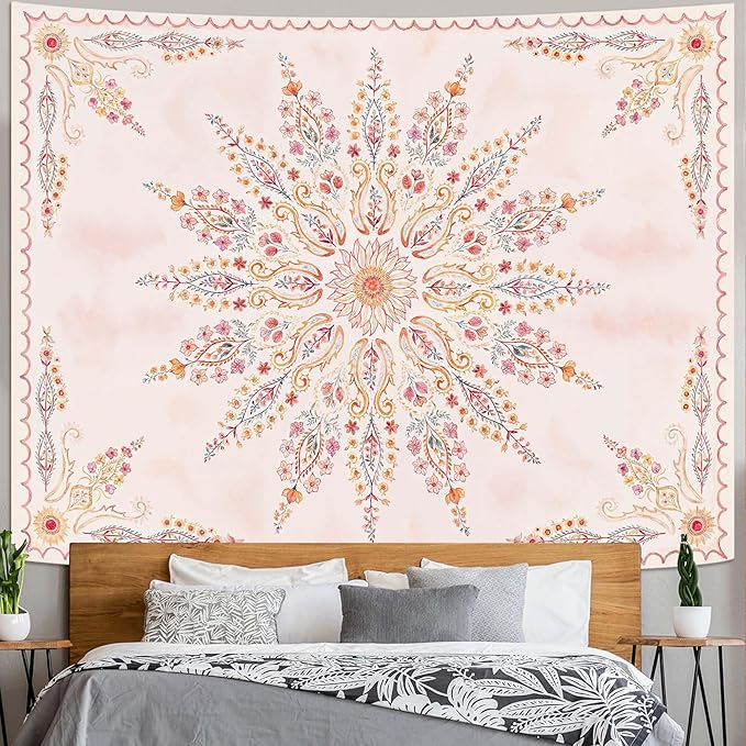 Fowocu Boho Floral Mandala Tapestry for Bedroom Aesthetic Pink Bohemian Flower Wall Tapestry Watercolor Hippie Indian Large Tapestries Wall Hanging for Living Room Dorm Decor 80 x 60 Inch