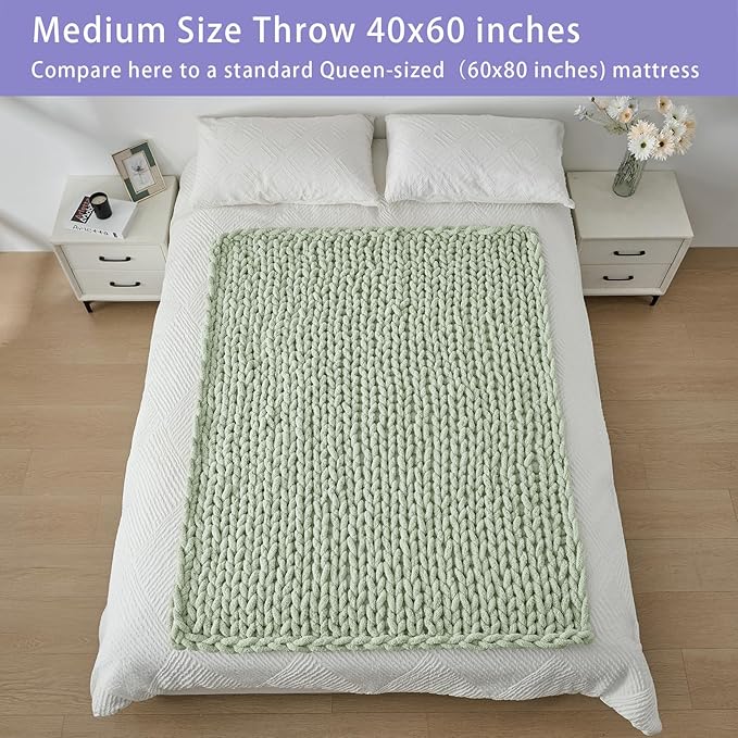 Bigacogo Chunky Knit Throw Blanket for Couch, 40x60 inches, 100% Hand Knitted with Thick Jumbo Chenille Yarn, Cozy Soft Large Rope Knot Cable Crochet Blankets for Sofa Bed Living Room, Sage Green