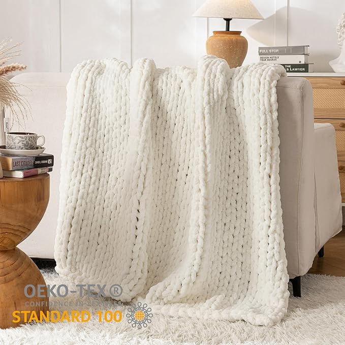 Chunky Knit Blanket Throw, 100% Hand Knit Throw Blanket Handmade Chenille Cable Knit Throw for Couch, Stylish Cozy Soft Rope Knot Crochet Blanket for Home Decor, Ivory, 50x60 Inches