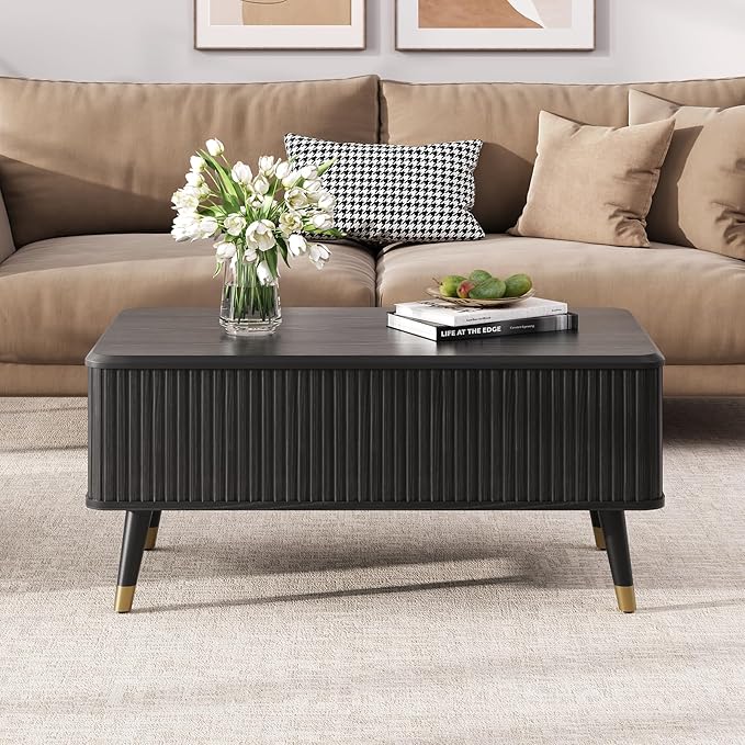 Lift Top Coffee Table with Storage Shelf & Hidden Compartment, Mid Century Modern Fluted Rectangle Dining Table for Living Room, Home Office,Black