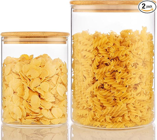 Extra Large Glass Flour and Sugar Storage Containers with Airtight lid,105 floz x1 & 48 floz x1 [Set of 2] Big Glass Jars with Bamboo Lids, Air Tight Food Jar for Cereal, Pasta, Rice, Coffee