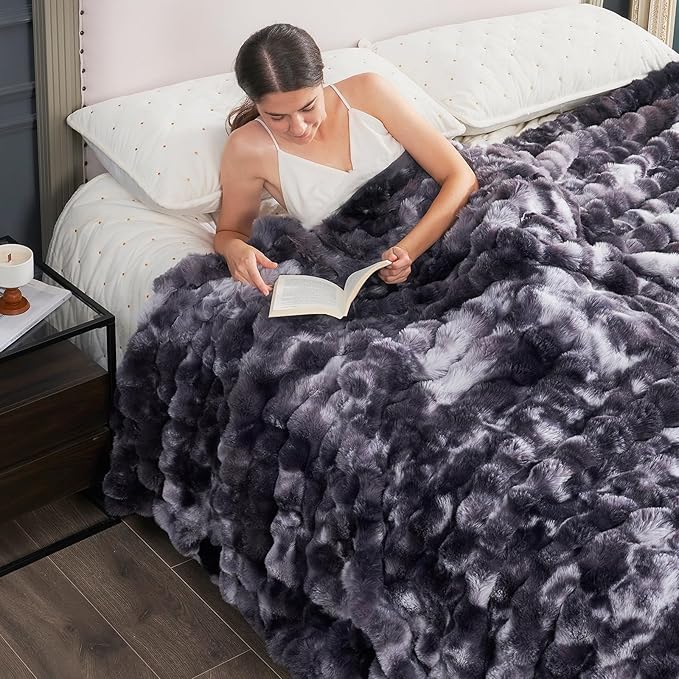 Cozy Bliss Faux Fur Throw Blanket for Couch, Fuzzy Soft Plush Thick Bubble Blanket for Sofa Bedroom Living Room, 60 * 80 Inches Tie Dye Black