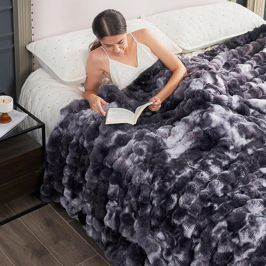 Cozy Bliss Faux Fur Throw Blanket for Couch, Fuzzy Soft Plush Thick Bubble Blanket for Sofa Bedroom Living Room, 60 * 80 Inches Tie Dye Black