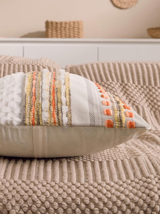 Fall Boho Chenille Tufted Throw Pillow Covers 18x18 Inch Set of 2 Farmhouse Striped Couch Decorative Pillow Covers Accent Neutral Pillowcase Yellow Orange Cushion Cover for Livingroom Sofa Bed