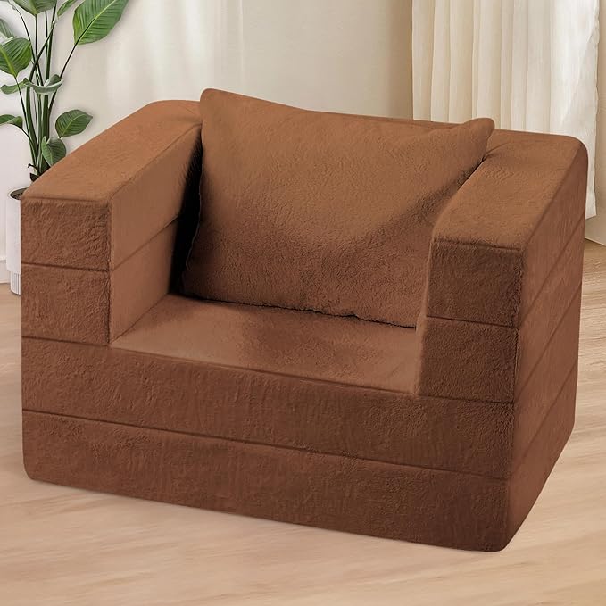 Folding Bean Bag Chair for Adults,3-in-1 Bean Bag Couch Faux Fur Floor Sofa Large Beanbag Convertible Bean Bag Sofa Bed with Pillow in Bedroom,Living Room,Apartment(Twin,Caramel)