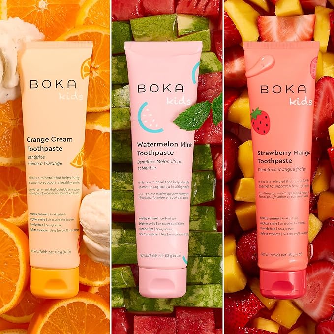 Boka Fluoride Free Toothpaste Nano Hydroxyapatite Toothpaste - Orange Cream, Watermelon Mint, Strawberry Mango Flavor, 4 oz 3Pk US Manufactured