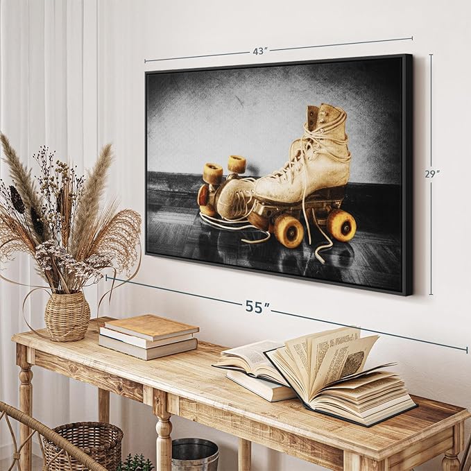 ElephantStock Vintage Skates Pop Wall Art - Horizontal Framed Canvas - 1-Piece Living Room Wall Decor - Sport Photography Canvas Print - Beige and Black Decor for Wall - 43" X 29"