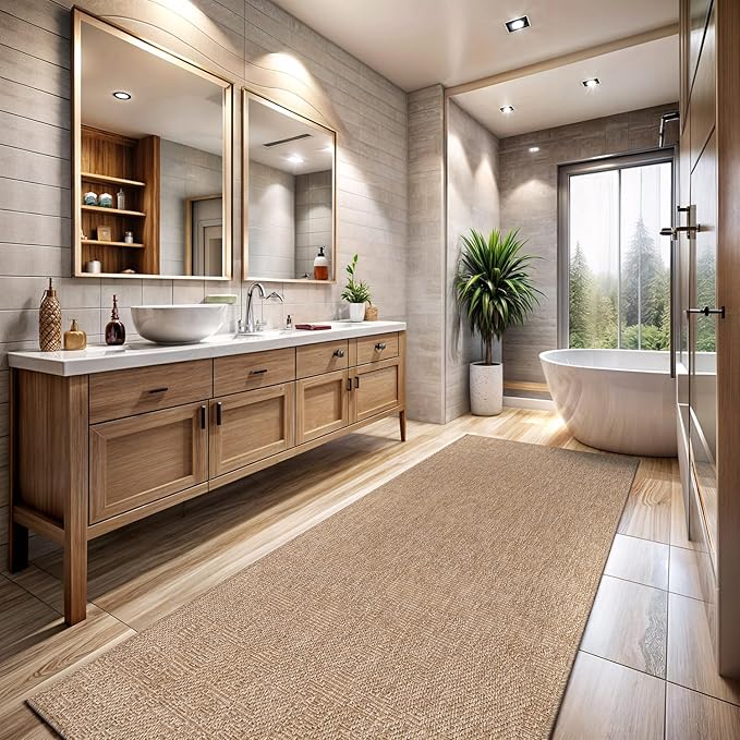 CAMILSON Indoor and Outdoor Runner Rug Natural Solid Boho Woven Design Easy-Cleaning Non Shedding Fiber Living Room Bedroom Garden Patio and Kitchen Washable Outside Carpet Alfombras (2x7)