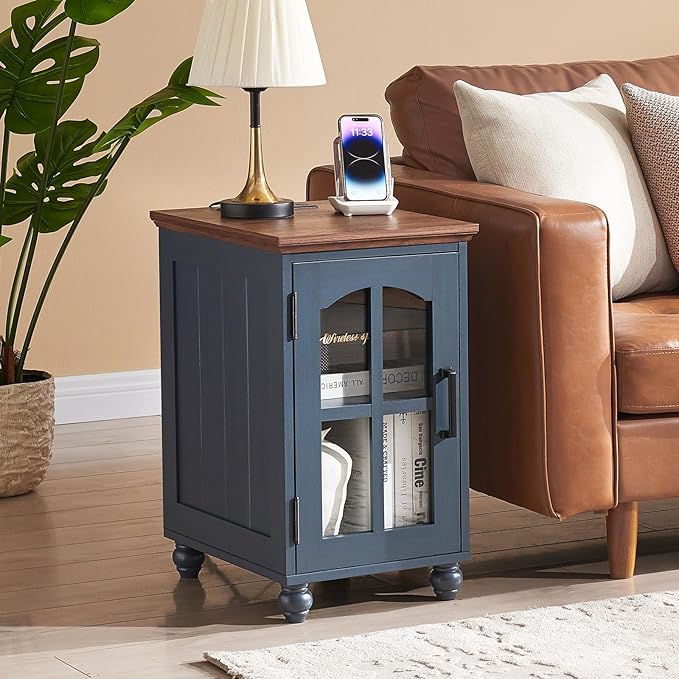 Narrow Side Table Set of 2,Farmhouse Nightstand with Charging Station,End Table with Glass Barn Door Storage, Cabinet Organizer with Adjustable Shelf, Night Stand for Small Spaces Living Room Bedroom