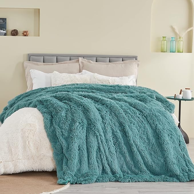 GONAAP Fuzzy Faux Fur Throw Blanket Twin Size Light Teal Super Soft Cozy Plush Fuzzy Shaggy Blanket for Couch Sofa Bed (Light Teal, Twin(60"x80"))