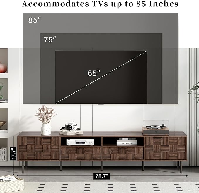 Modern TV Stand for TVs up to 85", Mid-Century Media Console with Checkered Cabinet Doors, Storage Drawers & Open Shelves, Wood Entertainment Center with Metal Legs