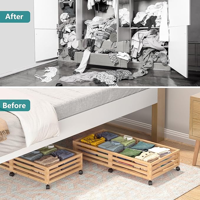 Bamboo Under Bed Storage Containers- Underbed Organizer with Wheels with Large Dust Bag,Sturdy Wood Rolling Under the Bed Shoe Storage Organizer Drawer 2 Packs (Nature, Long)