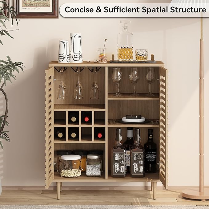 Mid Century Bar Cabinet with Wine Racks, Modern Liquor Cabinet with Slatted Doors for Dining Room, Living Room (Natural Color)