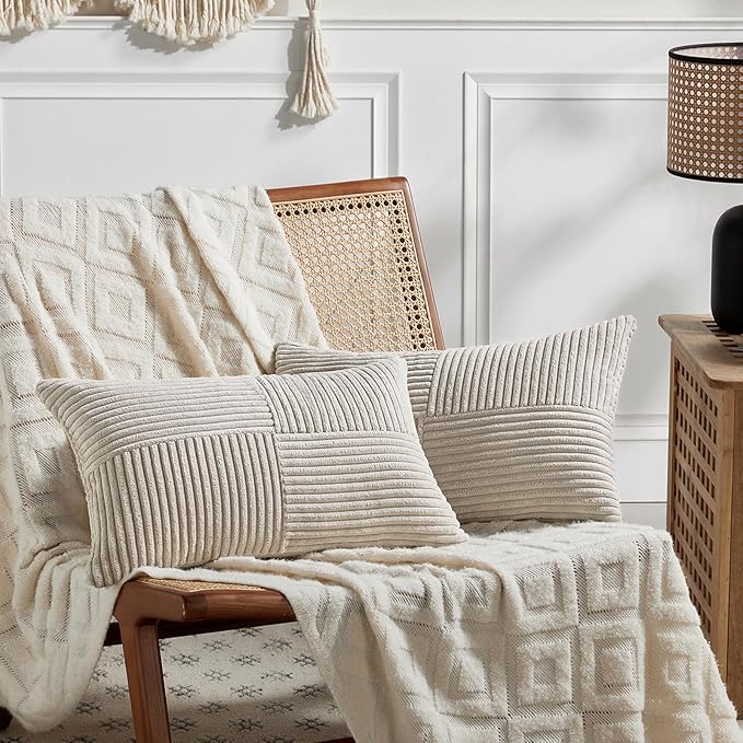 Fancy Homi 2 Packs Neutral Taupe Lumbar Decorative Throw Pillow Covers 14x24 Inch for Living Room Couch Bed Sofa, Farmhouse Home Decor, Soft Striped Corduroy Rectangle Accent Cushion Case 35x60 cm