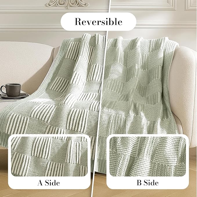 Amélie Home Chenille Knit Throw Blanket for Couch, Checkered Texture Decorative Soft Blanket for Sofa, Bed & Living Room, 50"x60", Sage Green & White