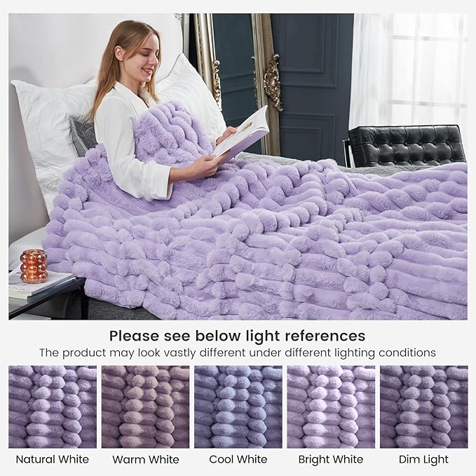 Cozy Bliss Faux Fur Throw Blanket for Couch, Cozy Warm Plush Striped Blanket for Sofa Bedroom Living Room, 50 * 60 Inches Lavender Purple