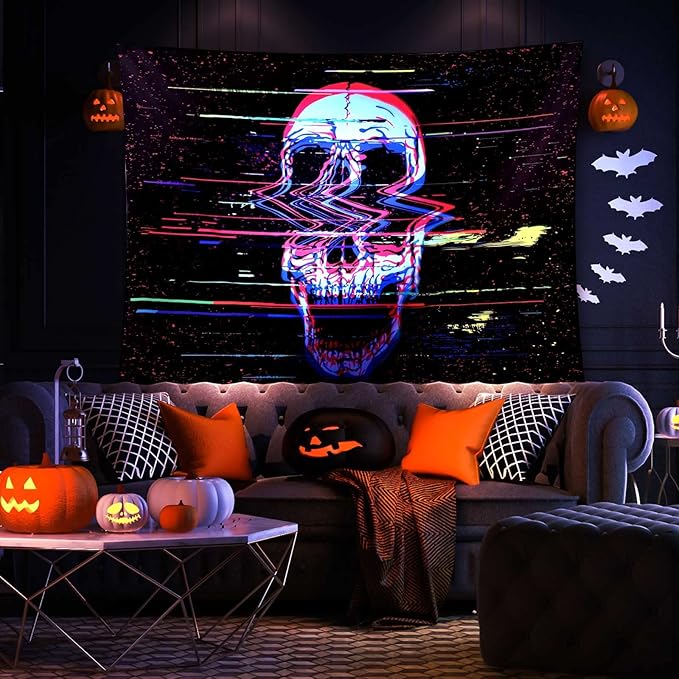ADDWel Blacklight Skull Tapestry, Black Psychedelic Tapestry Glow In The Dark, UV Reactive Black Light Tapestries Posters Wall Hanging for Room Decor(50 * 60inches)