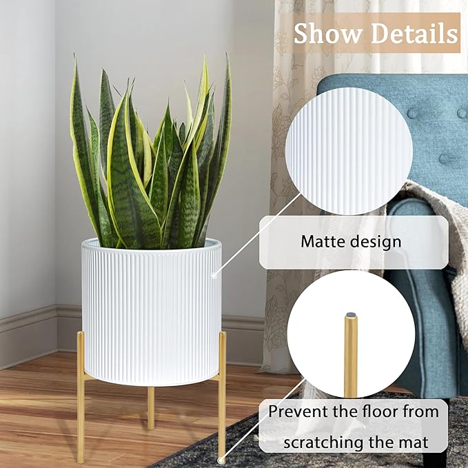 ARNIS Modern Plant Pots, Set of 2 Round Large Planters with Stand, Large Size Metal Pots with Drainage Holes for Living Room, Office, Garden or Balcony, 10.5 &12.25 Inch, White & Gold