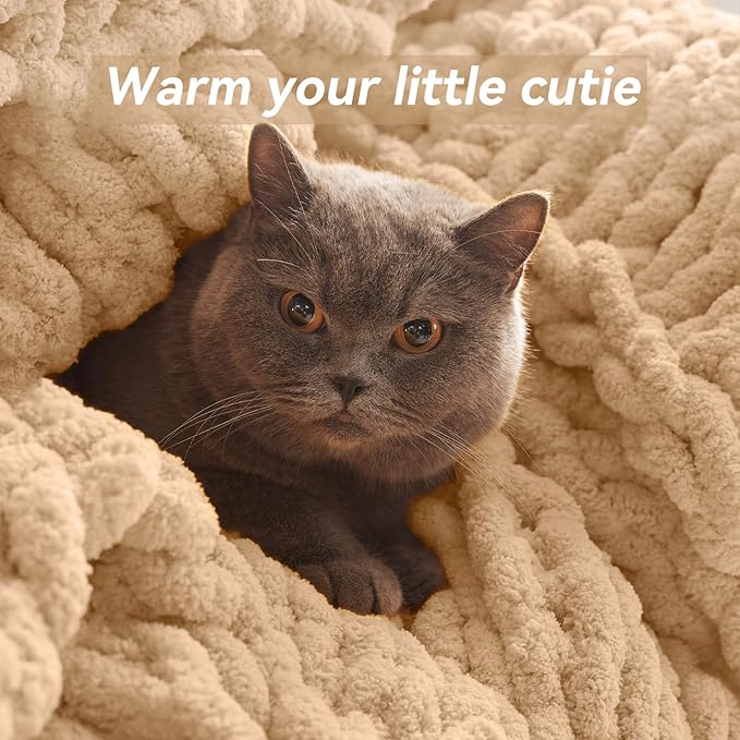 Chunky Knit Throw Blanket, 50''*60'' Knitted Throw Chenille Yarn for Bed Couch, Handmade Beige Crochet Big Thick Blanket, Machine Washable Cute Comfy Blanket for Home Decor