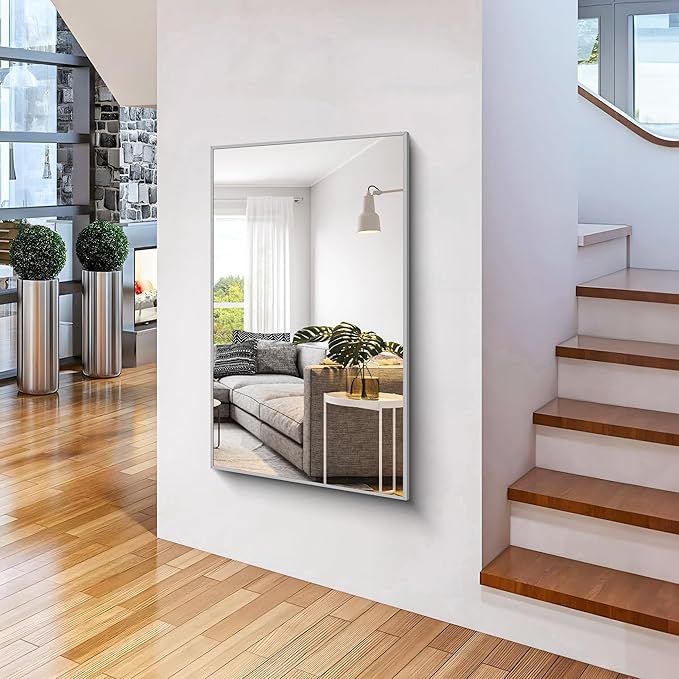 36x55inch Bathroom Mirror, Silver Rectangle Mirror with Thin Metal Frame, Large Rectangular Wall Mirrors for Bathroom, Living Room, Hair Salon, Big Mirror Hang Horizontal/Vertical