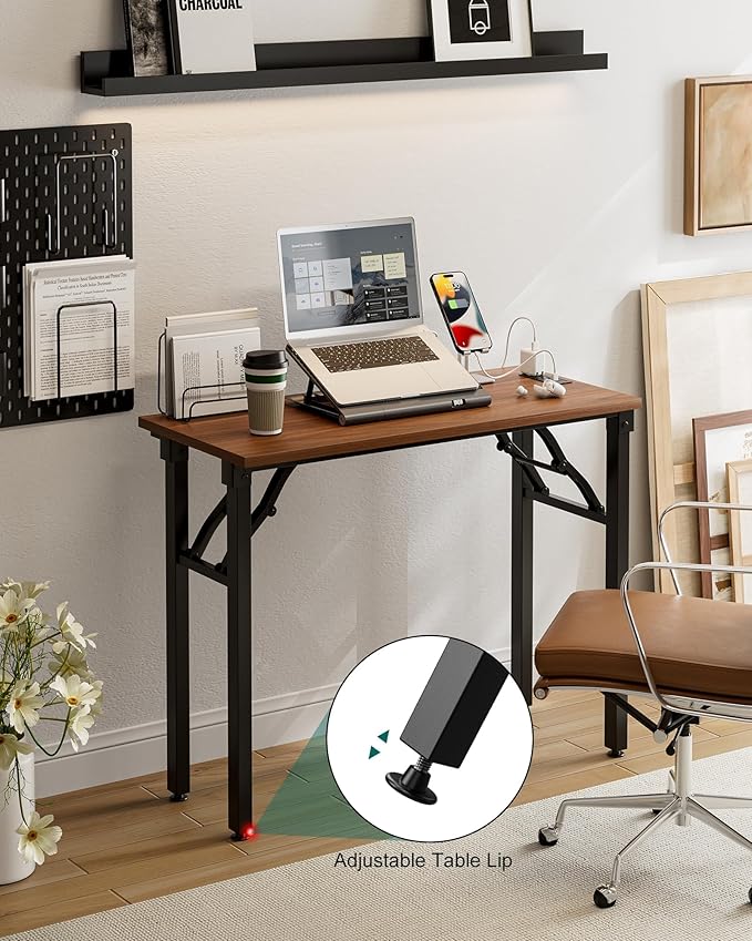 Frylr Small Folding Computer Desk – 35.8 Inch Portable Table for Craft and Study, Lightweight Desk for Small Spaces, Foldable Laptop Table Built-in AC/USB Outlets for Convenience, Dark Walnut