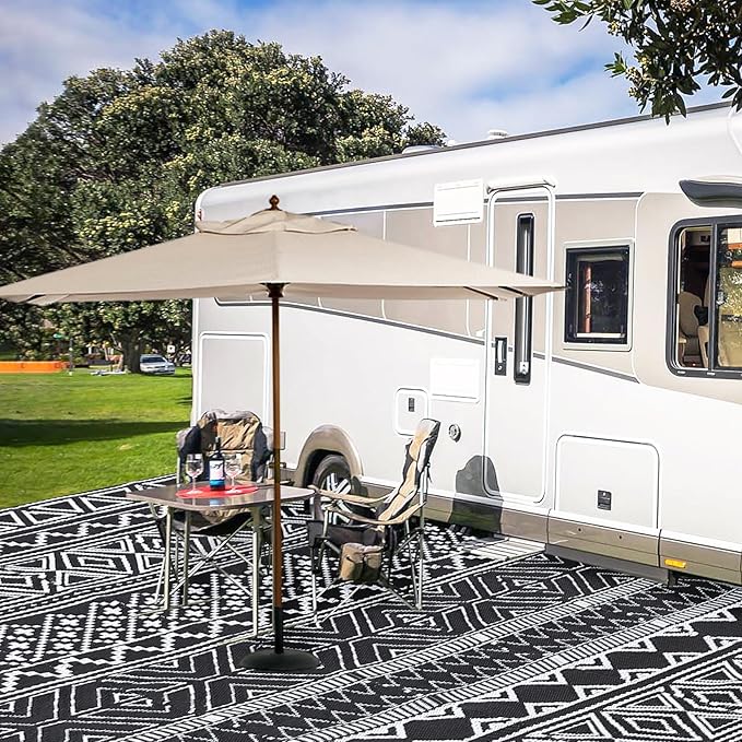 GAOMON Outdoor Rugs Patio Camping Waterproof Rug 6'x9' Plastic Straw Patio Rug Portable for Campers, Outside RVs Mat for Patios Clearance, Backyard Porch, Balcony, Black/White(Bohemia)