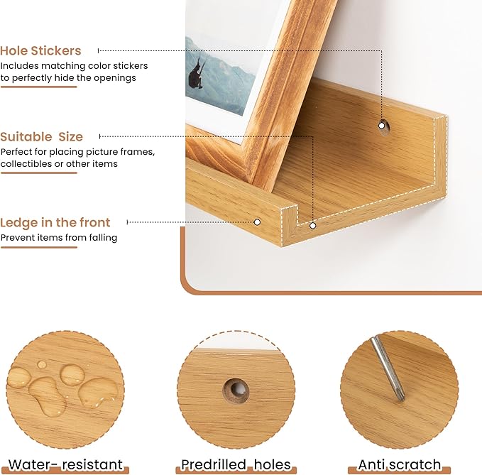 Fun Memories Picture Ledge Shelves Set of 2, 24 Inch Rustic Wall Mounted Floating Shelves with Lip for Home Storage and Décor in Bathroom, Kitchen, Nursery, Bedroom, Living Room, Oak